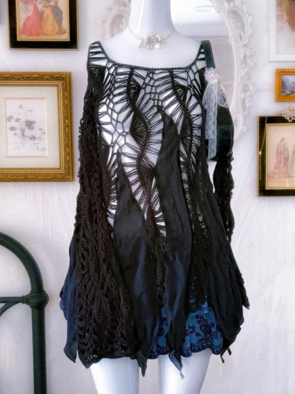 Y2K whimsigoth grunge web hollow-out knit black top